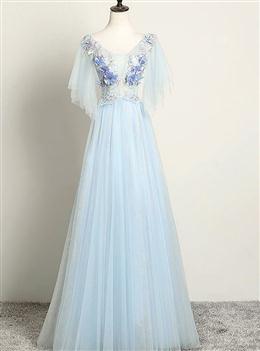 Picture of Light Blue Flower Lace V-neckline Puffy Sleeves Long Party Dresses, Blue Prom Dresses Evening Dresses